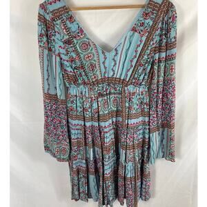 Altar'd State Boho Wide Sleeve Double V Neck Dress Blue Size small